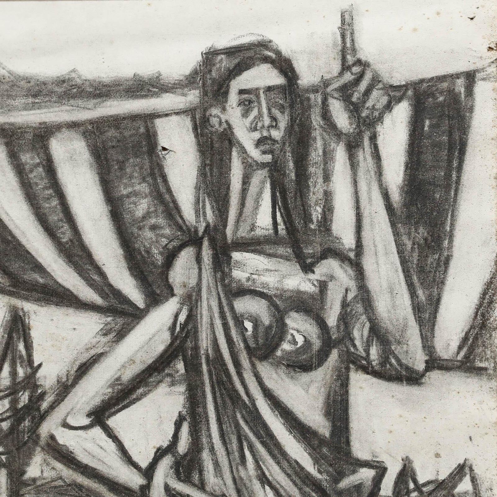 Christian Julia (1921 1991) Mid 20th Century Charcoal Drawing, Lady Spinning photo Art