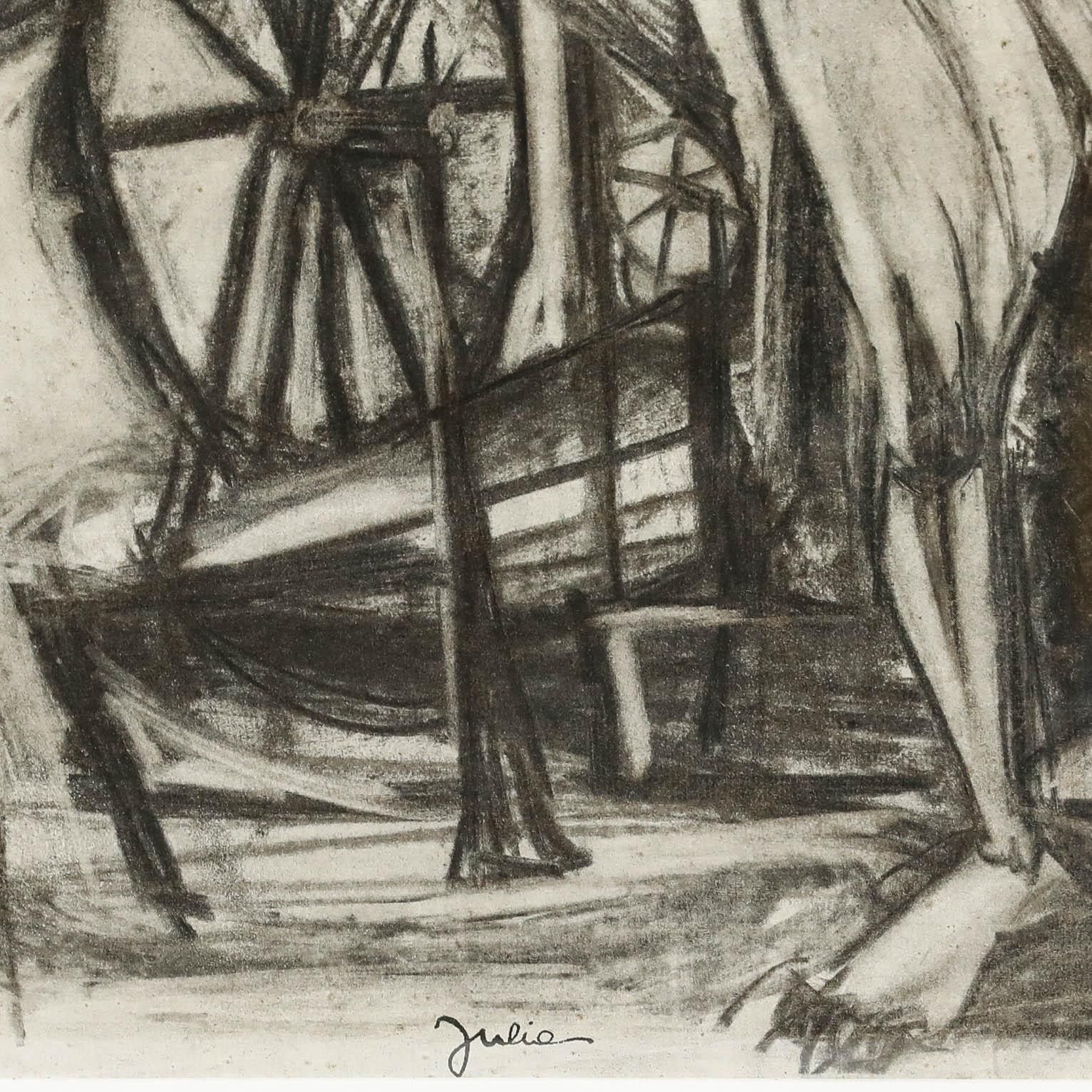 Christian Julia (1921 1991) Mid 20th Century Charcoal Drawing, Lady Spinning photo vinterior