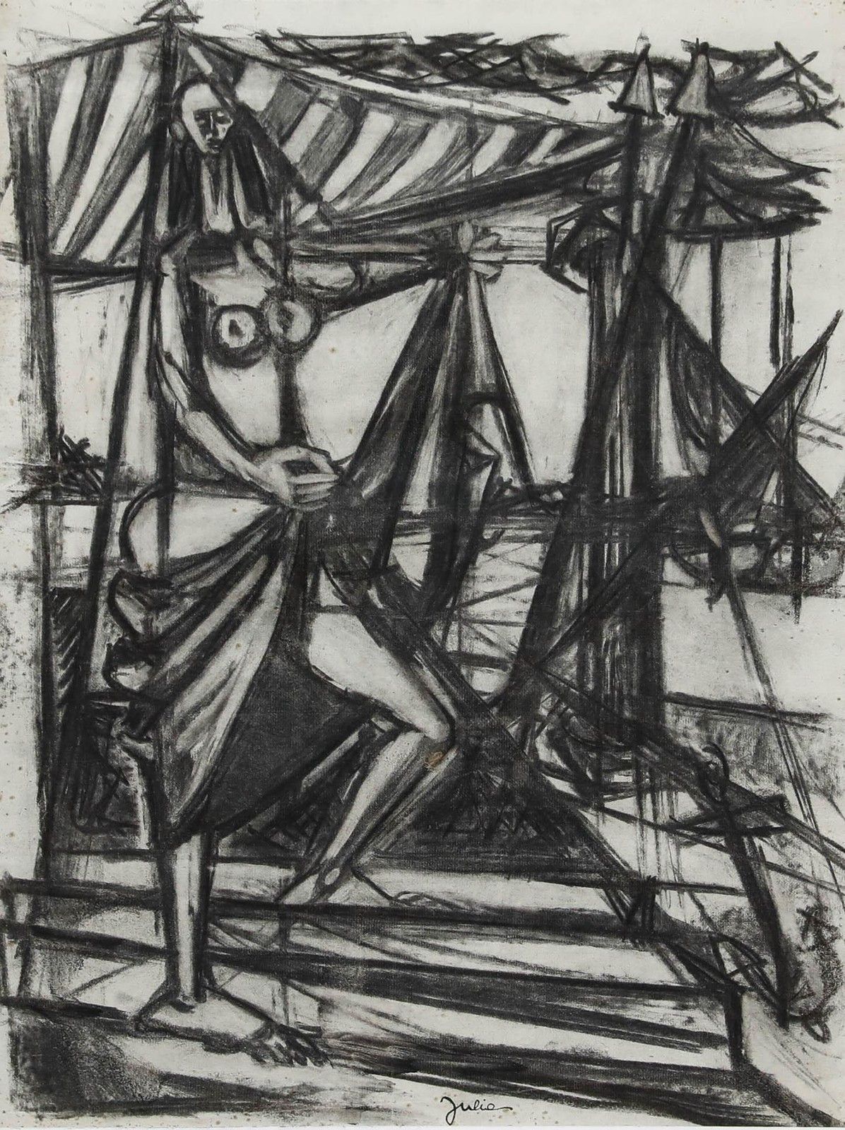 Christian Julia (1921 1991) Mid 20th Century Charcoal Drawing, At Work photo furniture