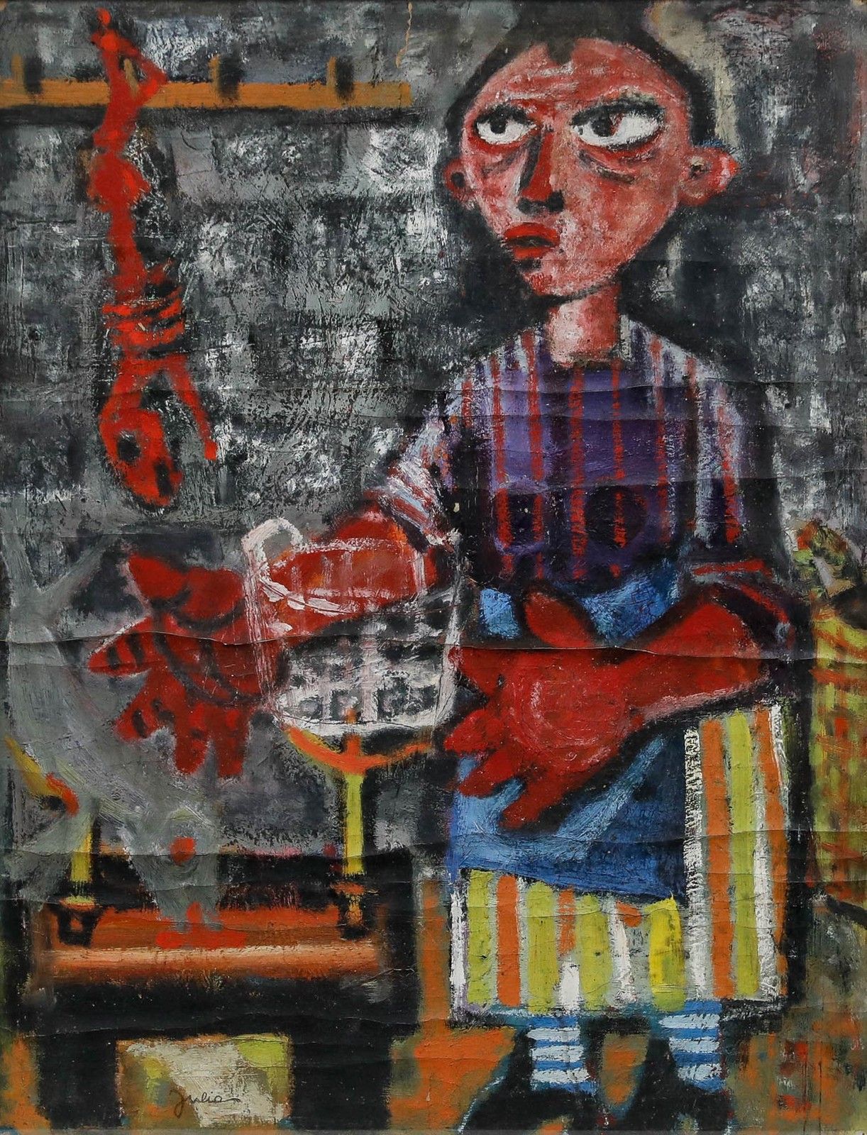 Christian Julia (1921 1991) Mid 20th Century Oil, In The Kitchen photo furniture