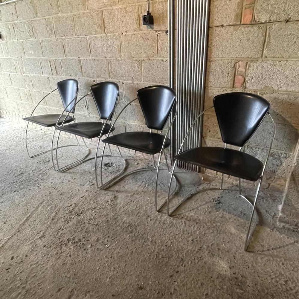 Vintage Chromed Steel & Black Skai Chairs, 1980s, Set Of 4 photo Furniture