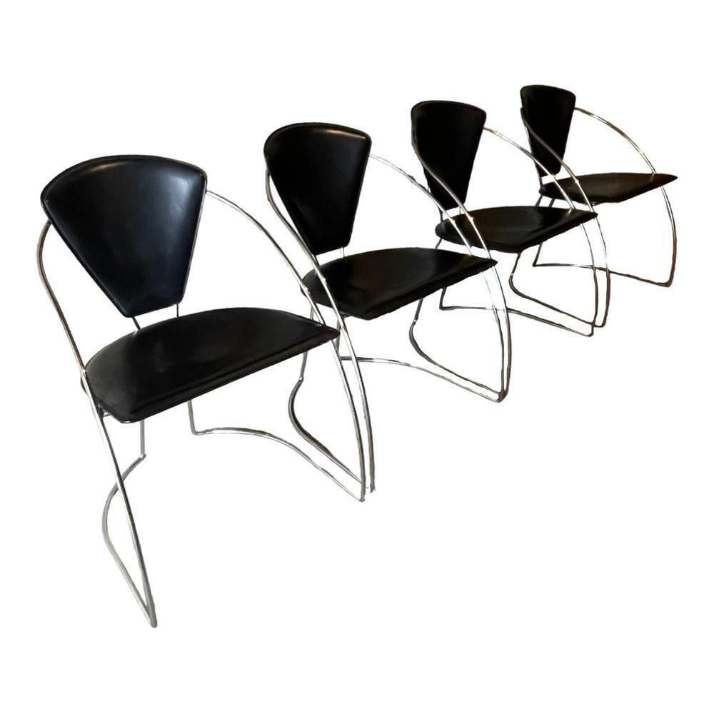 Vintage Chromed Steel & Black Skai Chairs, 1980s, Set Of 4 photo buy