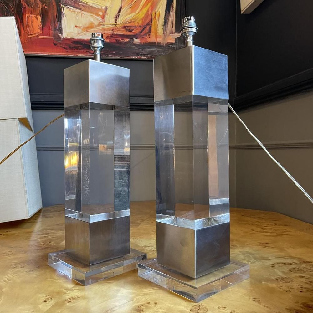 photo vinterior Acrylglas & Geborsteld Stalen Lampen Van Charles Hollis Jones, Jaren 1970, Set Van 2