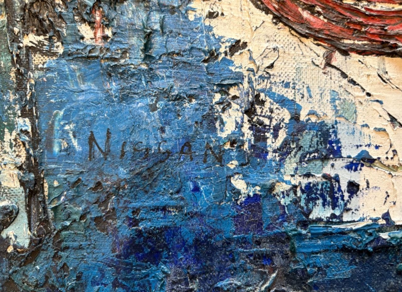 Large Mid Century Expressionist Cityscape – Mixed Media, Signed ‘Nissan’ photo 1235.0