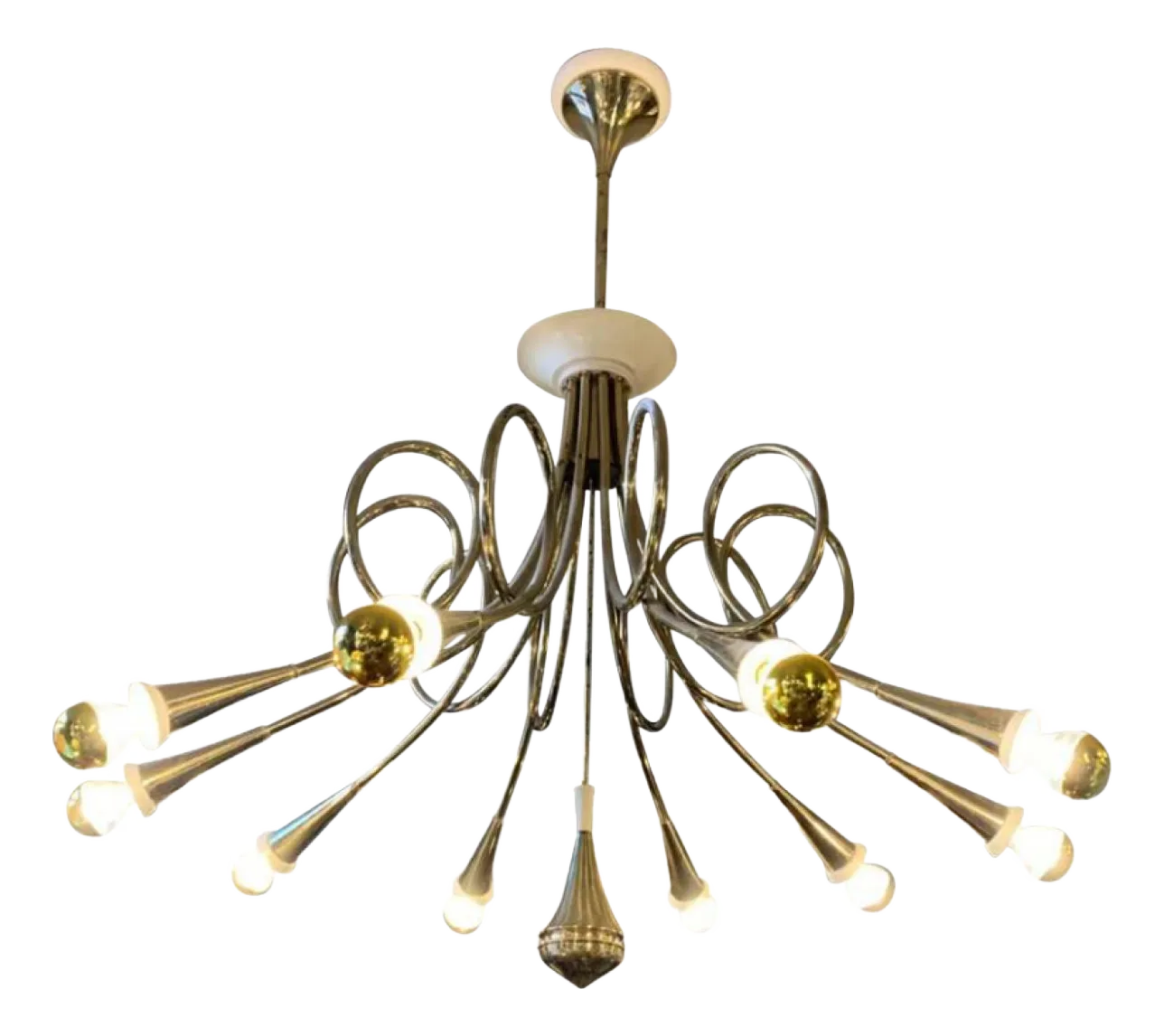 Hunting Trumpets 10 Arms Chandelier In Gilded Brass & White Lacquered Metal From Stilnovo, 1950s