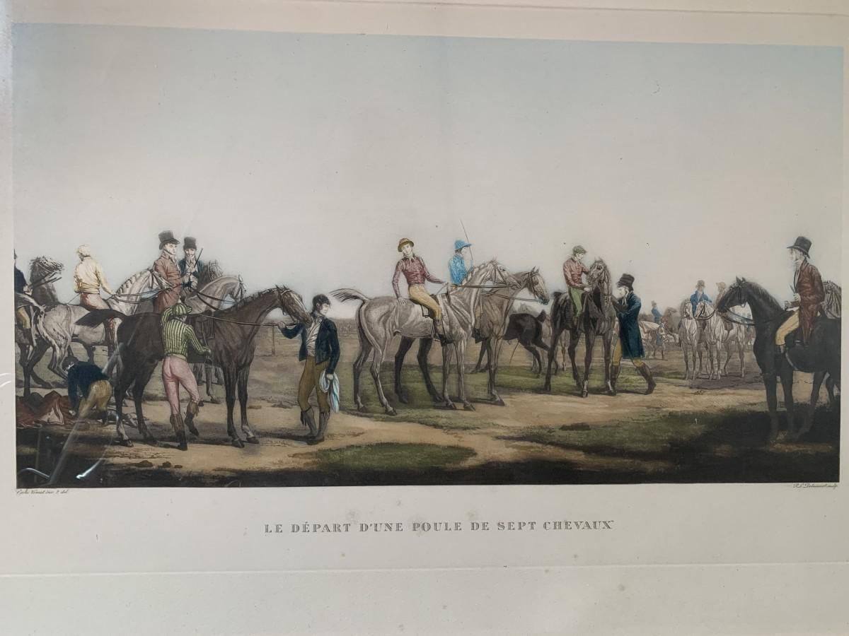 Carle Vernet, Departure Of Seven Horses, Engraving, Late 1800s photo for sale
