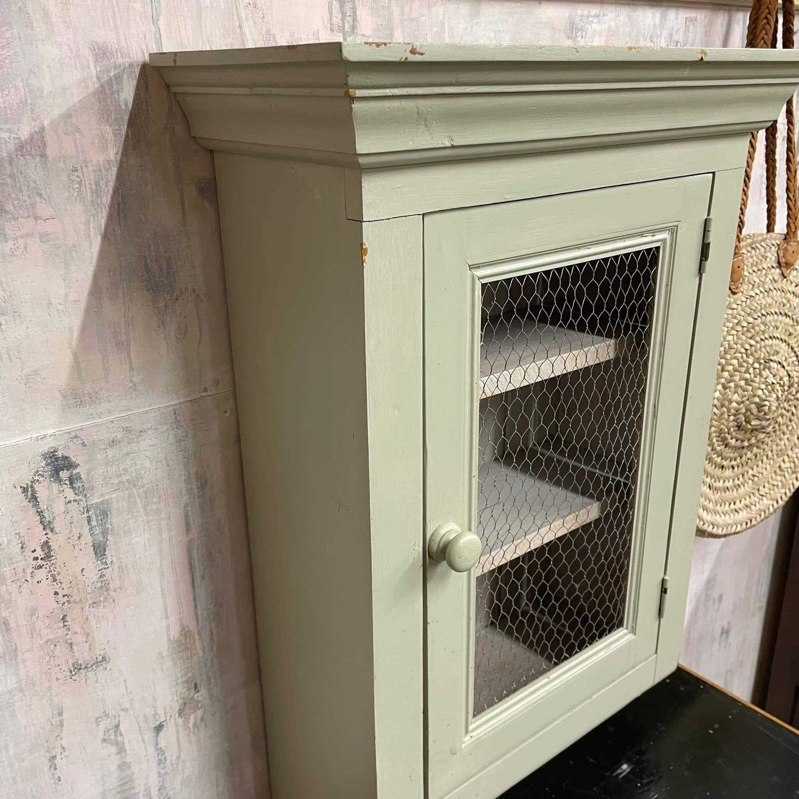 Painted Shabby Chic Kitchen Wall Cupboard 2 Shelves Chicken Wire Door photo vintage