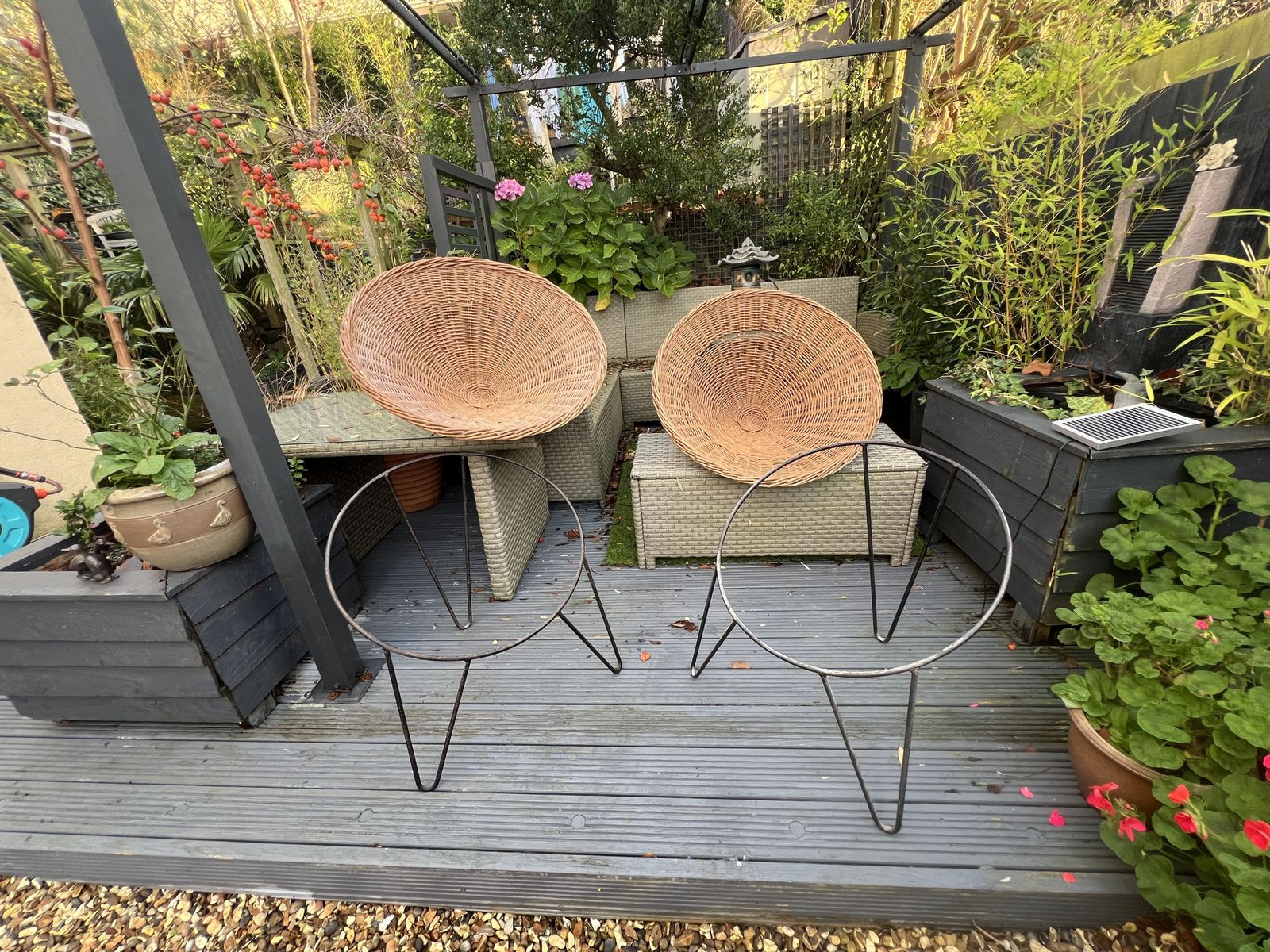 A Pair Of 1960s Very Stylish, Conical, Wicker Chairs On Tripod Steel Frame Legs