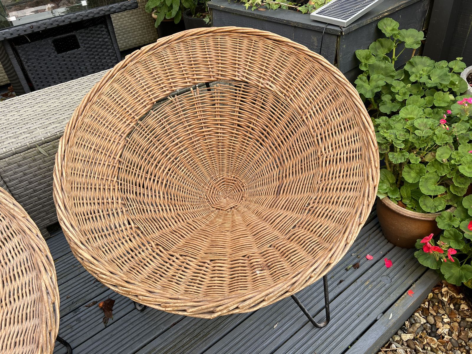 A Pair Of 1960s Very Stylish, Conical, Wicker Chairs On Tripod Steel Frame Legs photo for sale