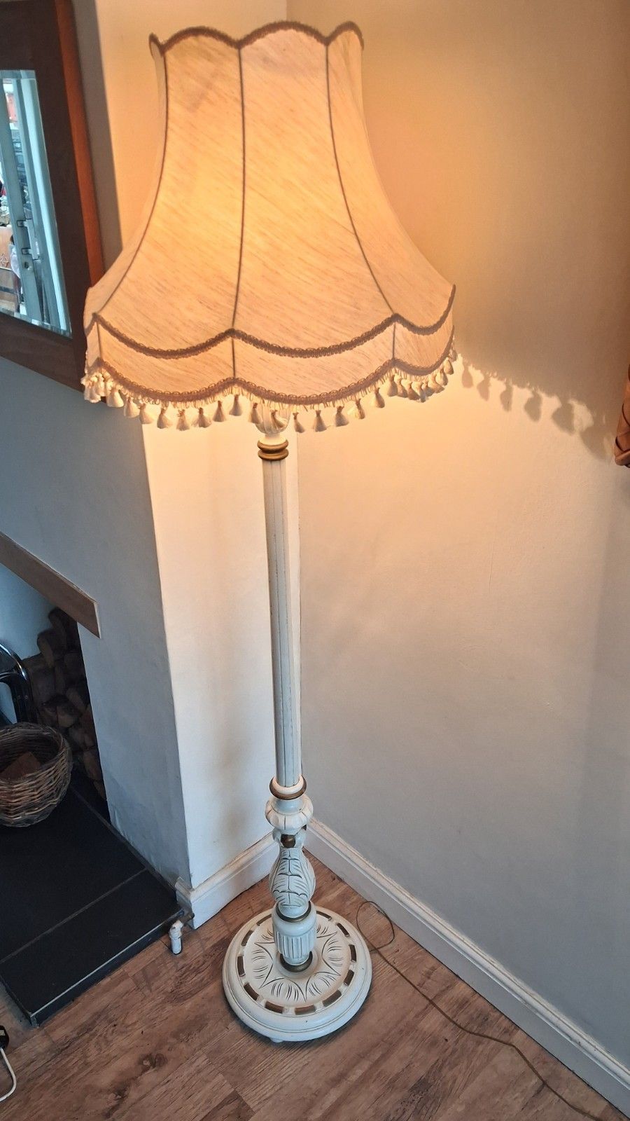 Vintage  French Cream And Gilt Oak Standard /Floor Lamp With Delightful Shade