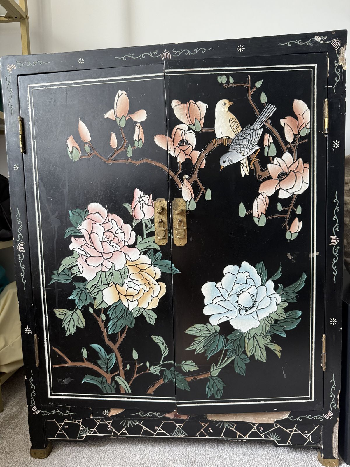 Vintage Japanese Style Hand Painted Lacquer Cabinet With Brass Fittings photo vintage