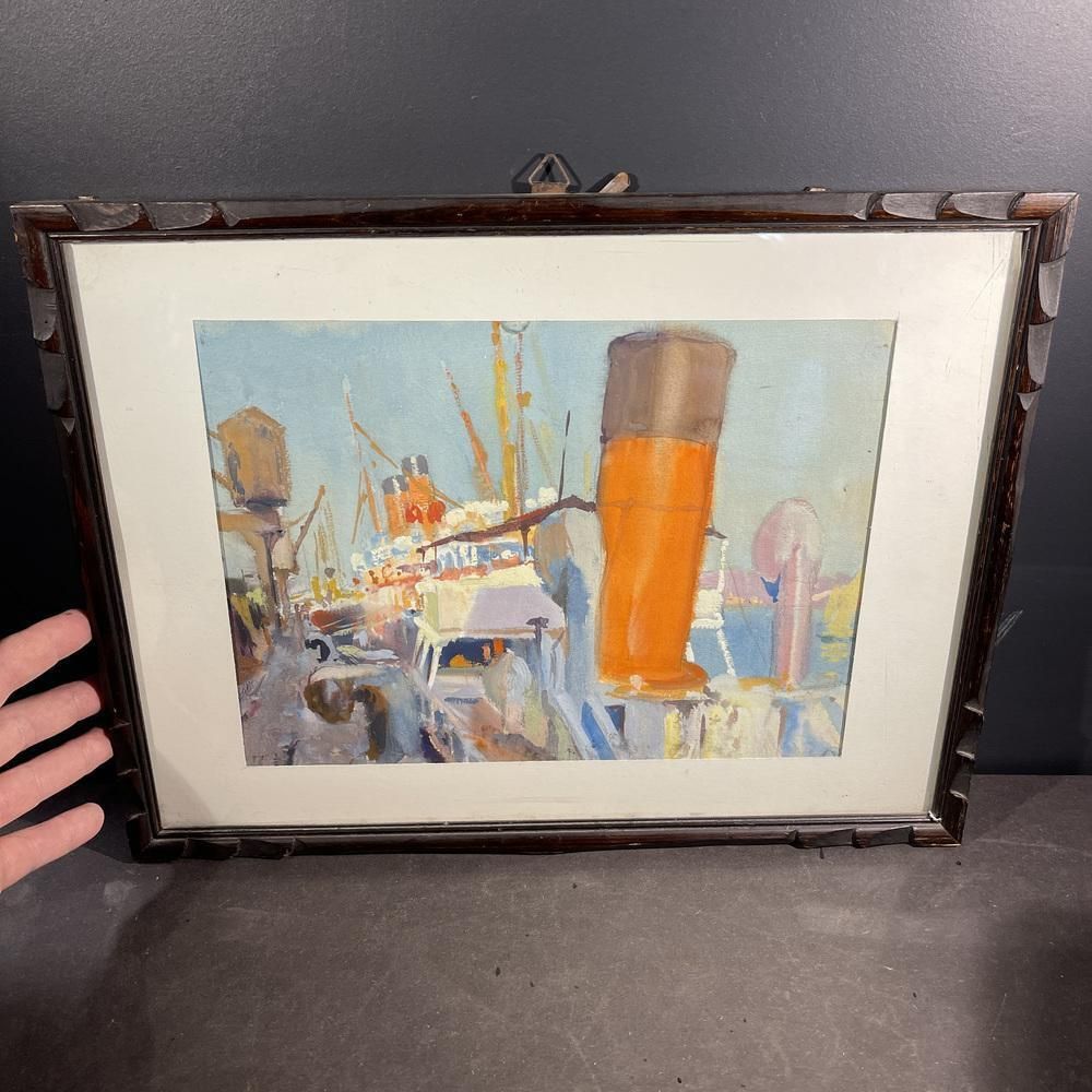 Jules Van De Leene, Marine Liner At Dock, Jaren 1920, Gouache photo furniture