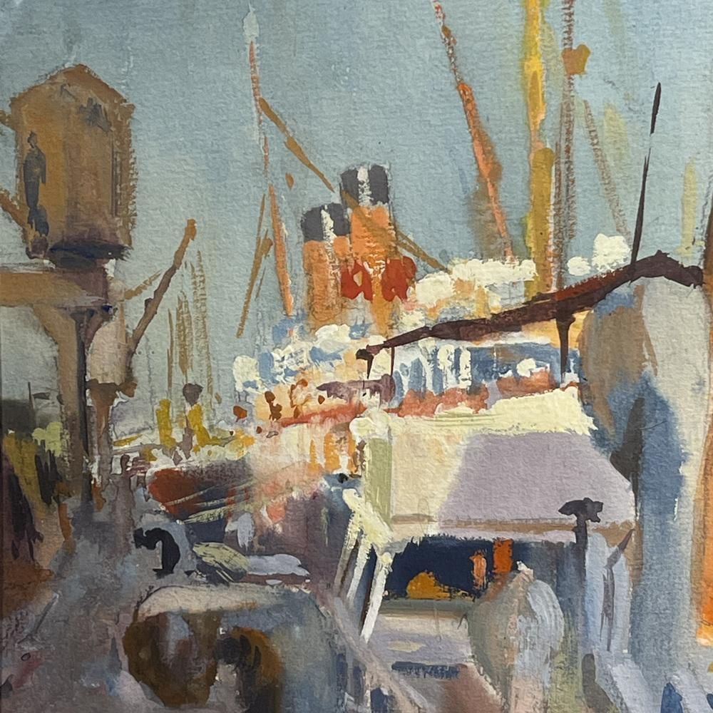 Jules Van De Leene, Marine Liner At Dock, Jaren 1920, Gouache photo vinterior