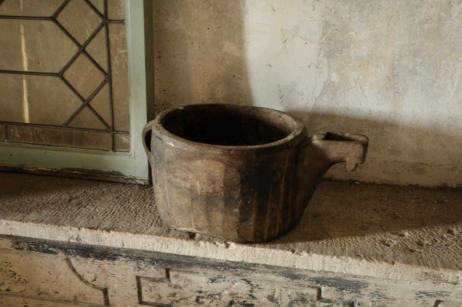 photo for sale Vintage Afghan Wooden Milk Jug – Hand Carved Tribal Artefact Wabi Sabi Home Accent