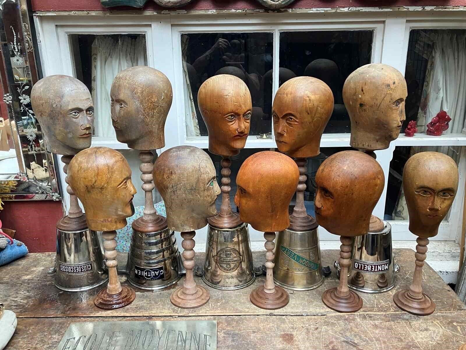Collection Of 10 Wig Maker's Wooden Heads On Stands (C1900 1925) photo furniture
