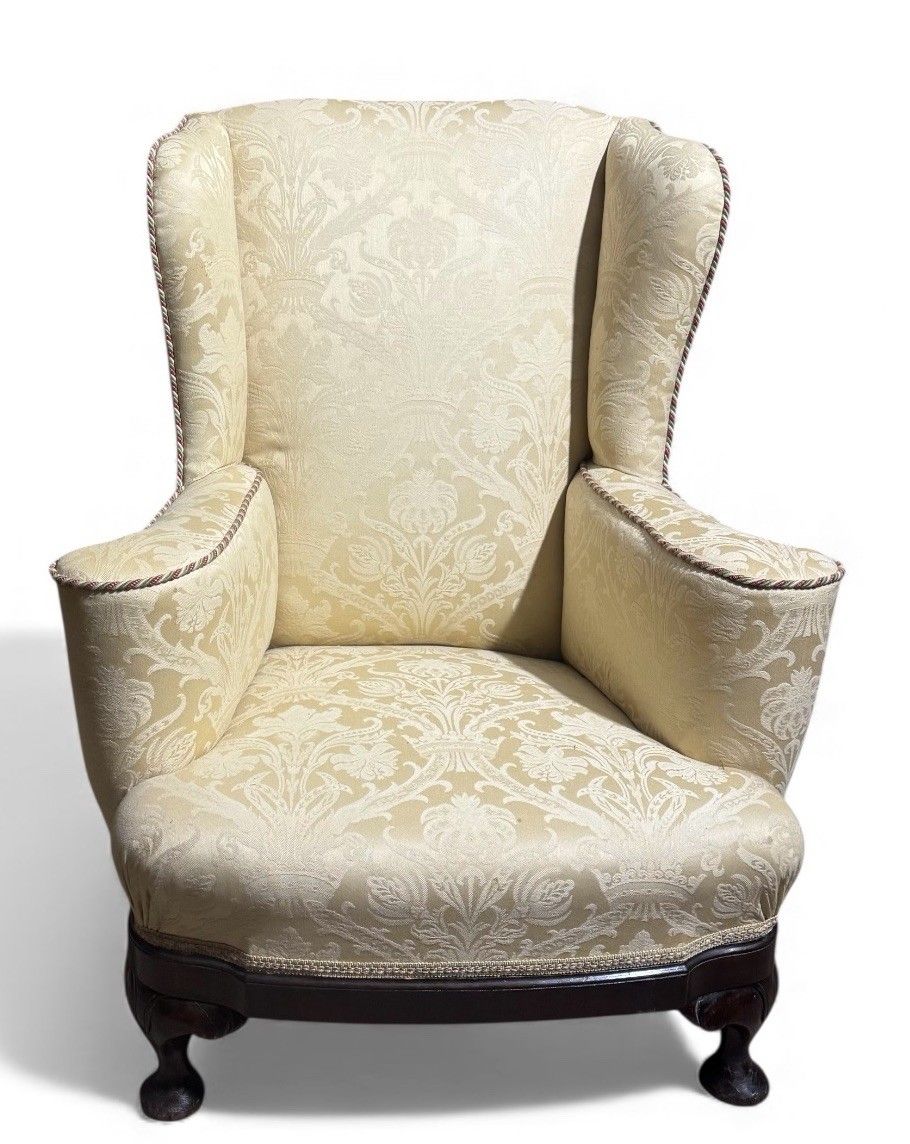 photo for sale Antique Walnut Armchair Crimson Damask Upholstery Art Deco Style Alfred Allen