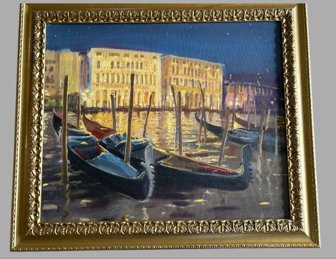 Robert Collins – Venetian Gondolas At Night – Oil On Canvas