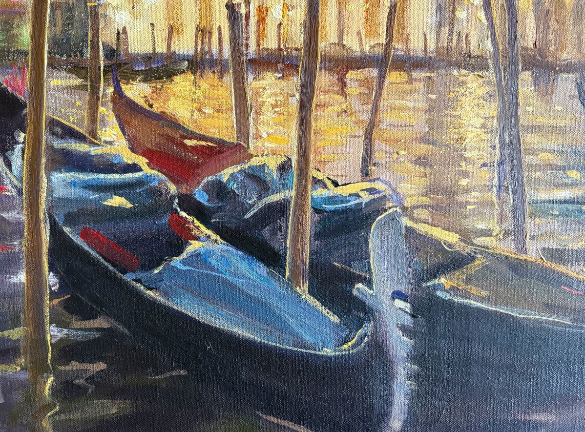 Robert Collins – Venetian Gondolas At Night – Oil On Canvas photo for sale