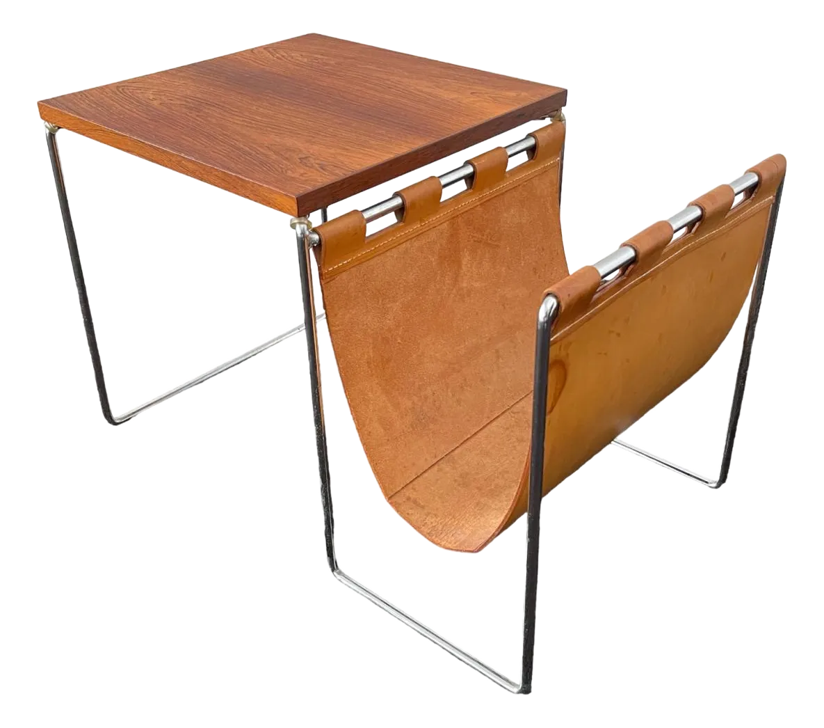 Vintage Bijzettafel / Tijdschriftenrek In Leer, Palissander En Verchroomd Staal, Jaren 1970