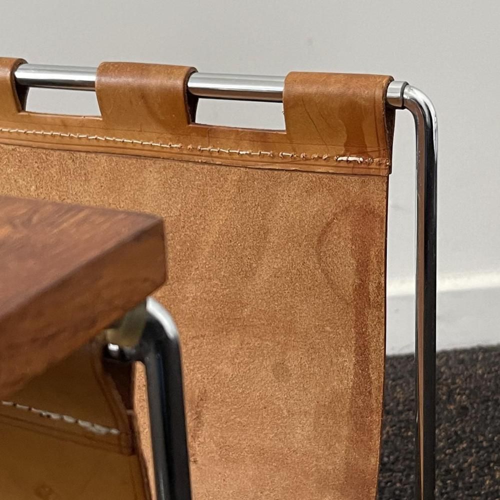 photo furniture Vintage Leather, Rosewood & Chromed Steel Side Table / Newspaper Rack, 1970s