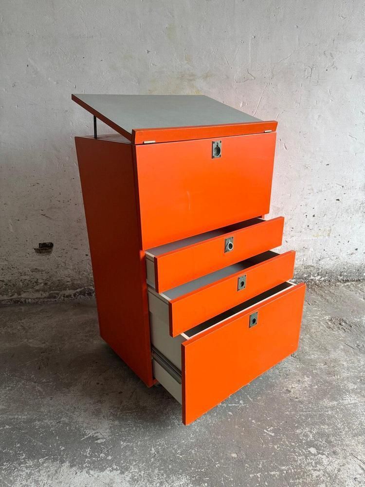 Orange Chest Of Drawers With Fold Out Work Surface And Slanted Top photo vintage