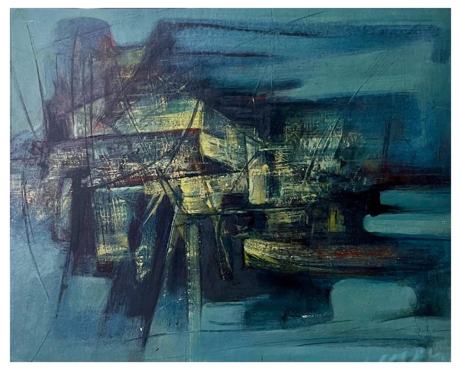 Erwin Mackowiak, Blauwe Abstracte Compositie, Olie Op Paneel, 1960