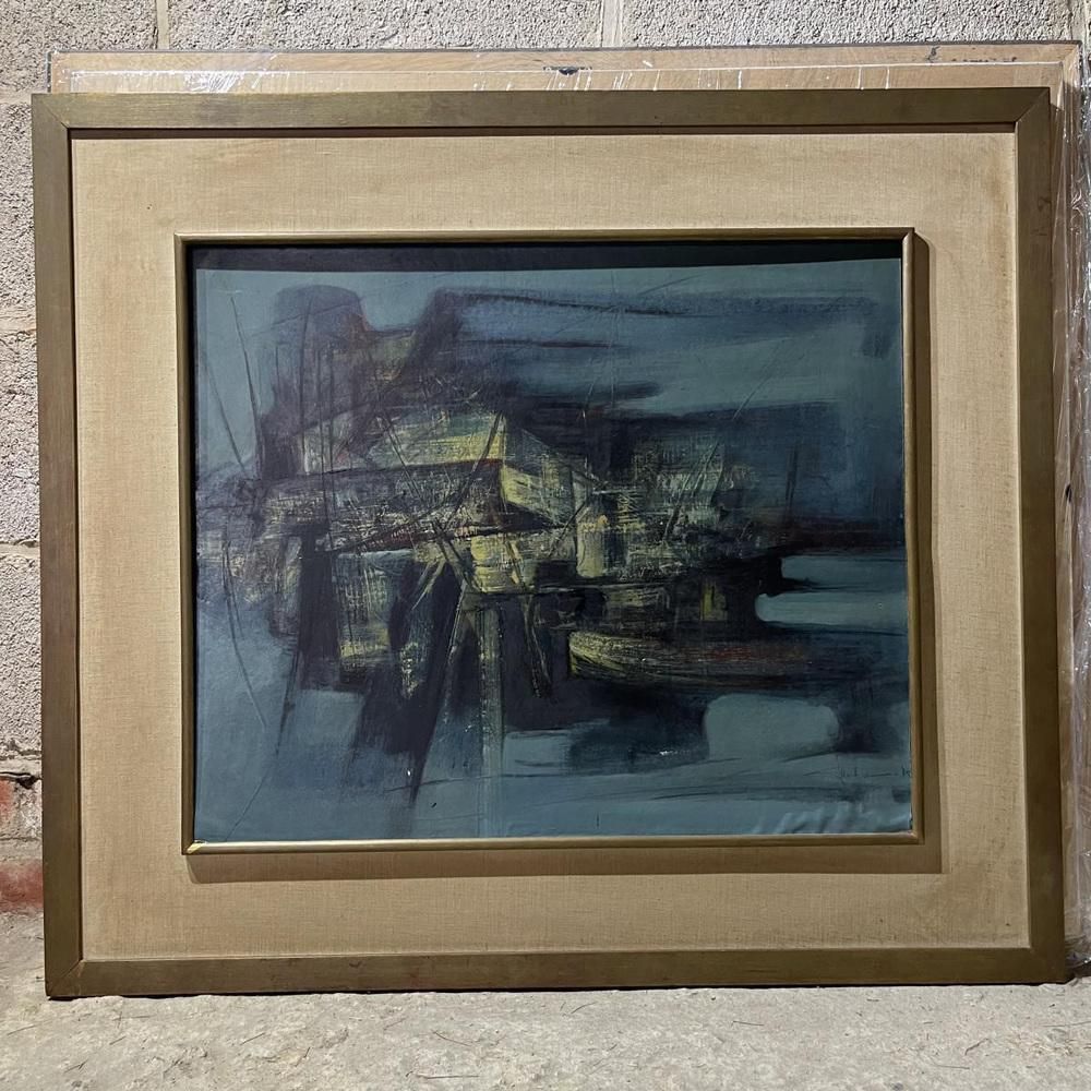 Erwin Mackowiak, Blauwe Abstracte Compositie, Olie Op Paneel, 1960 photo furniture