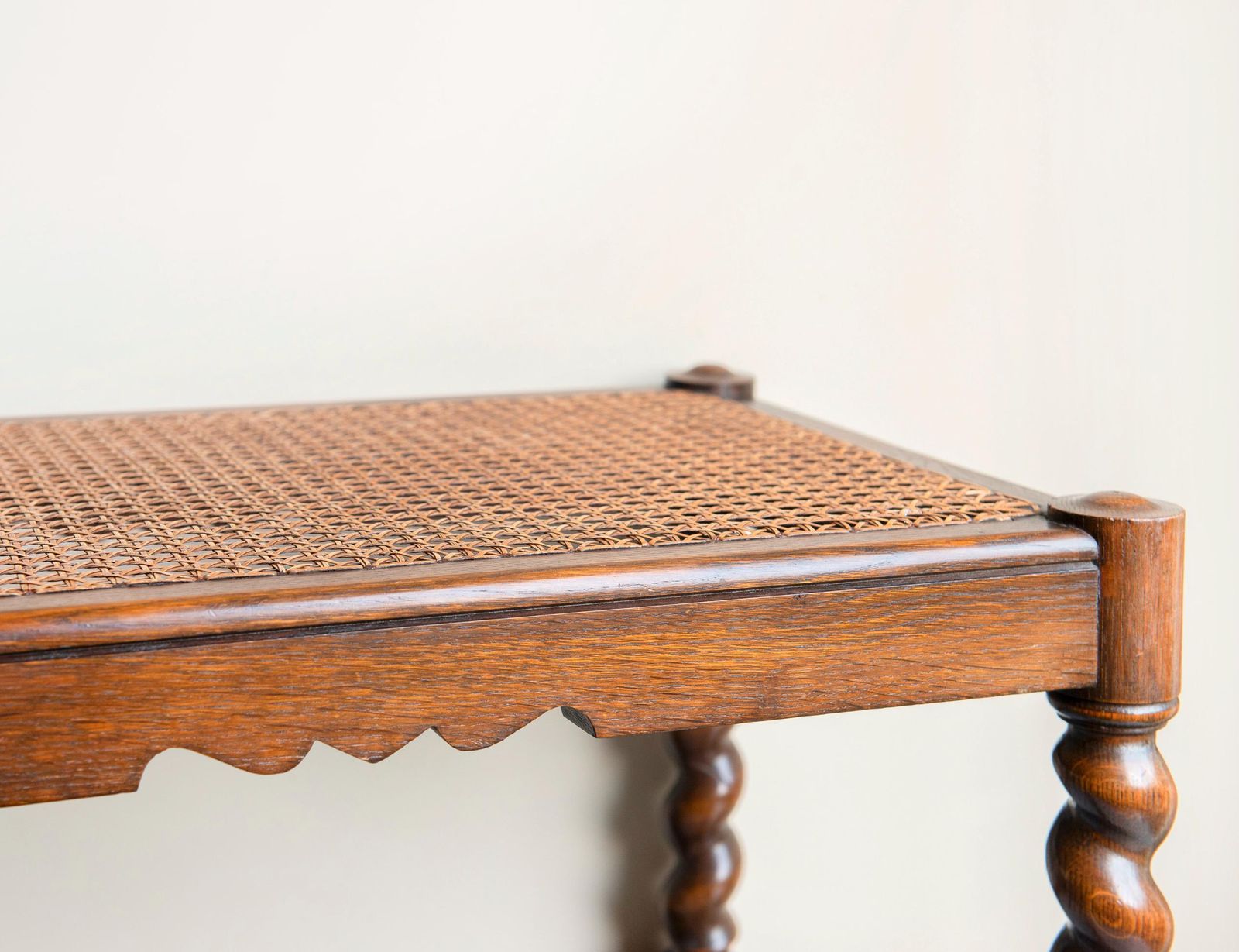 Rustic Oak Bench With Cane Seat – Handmade 1930s Dutch Accent Piece – Dark Brown Webbing Stool – Barley Twist Vintage Home Decor photo for sale