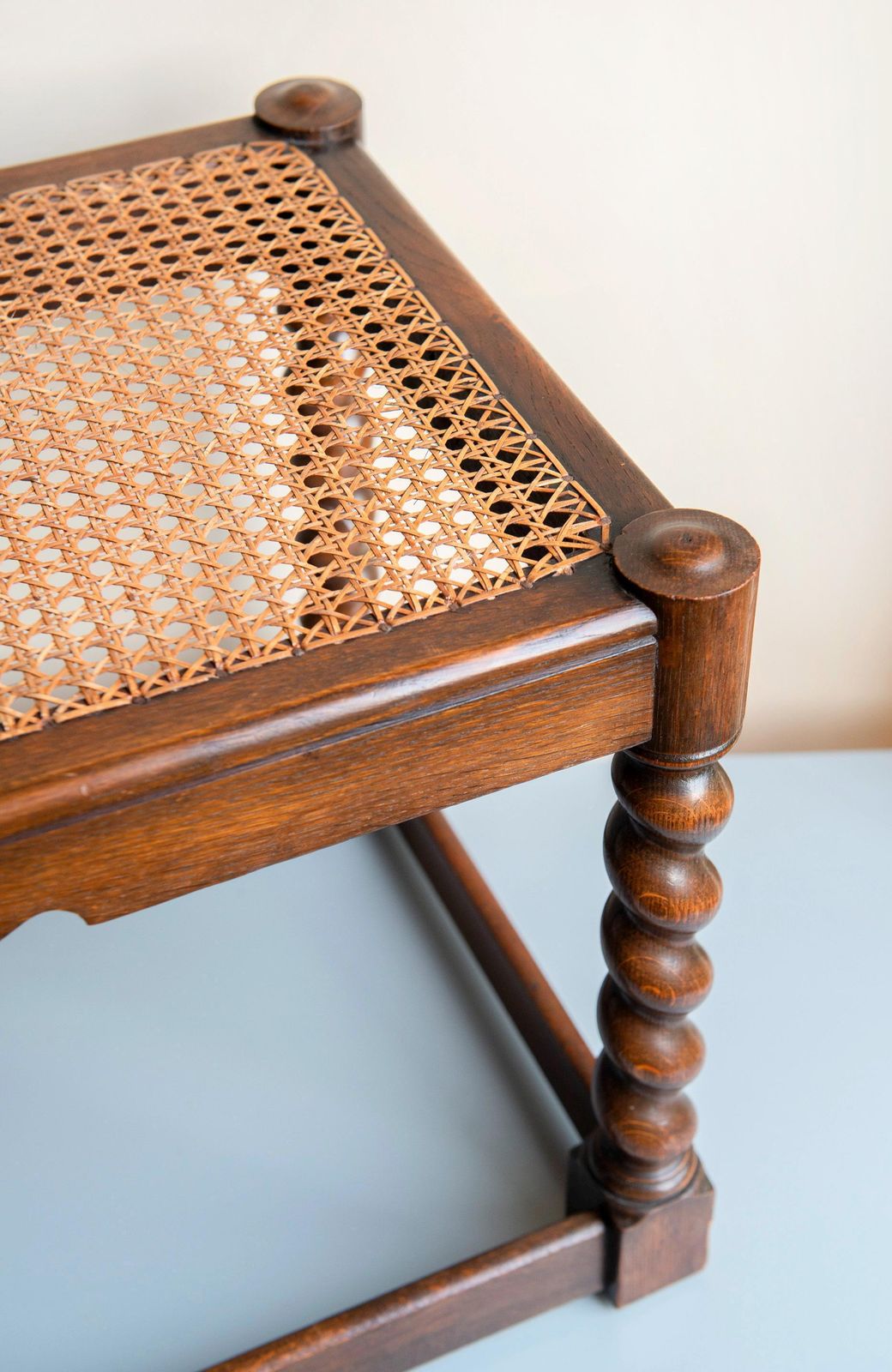 Rustic Oak Bench With Cane Seat – Handmade 1930s Dutch Accent Piece – Dark Brown Webbing Stool – Barley Twist Vintage Home Decor photo 323.0