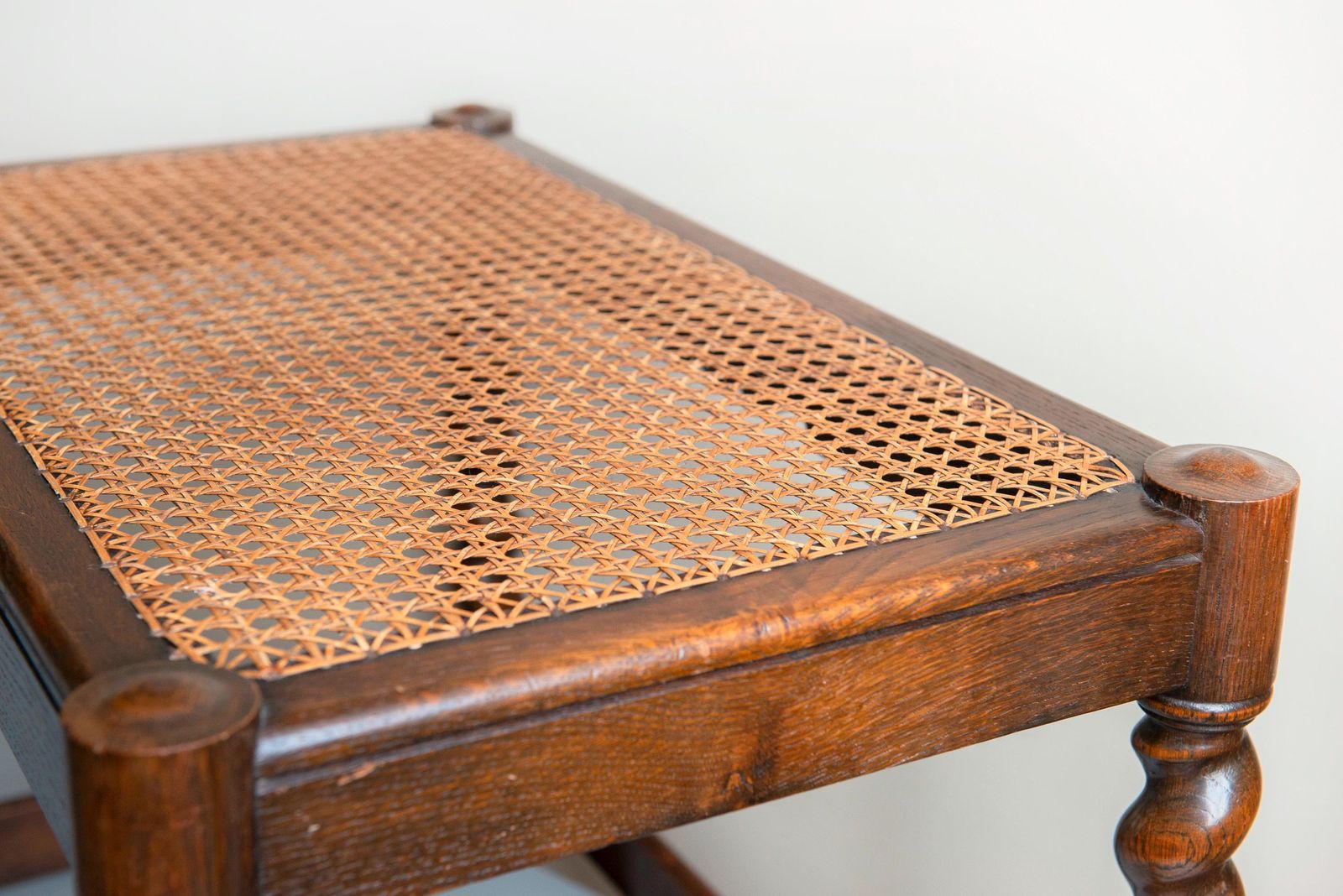 Rustic Oak Bench With Cane Seat – Handmade 1930s Dutch Accent Piece – Dark Brown Webbing Stool – Barley Twist Vintage Home Decor photo vintage