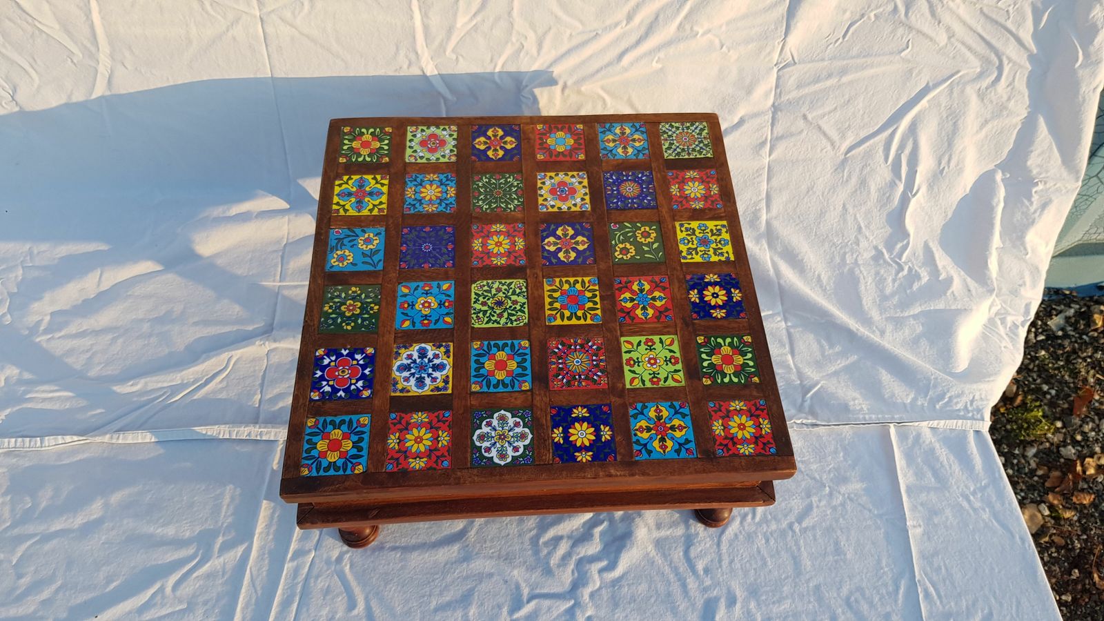 Square Rosewood Tea Table With 36 Small Hand Painted Ceramic Tiles photo for sale