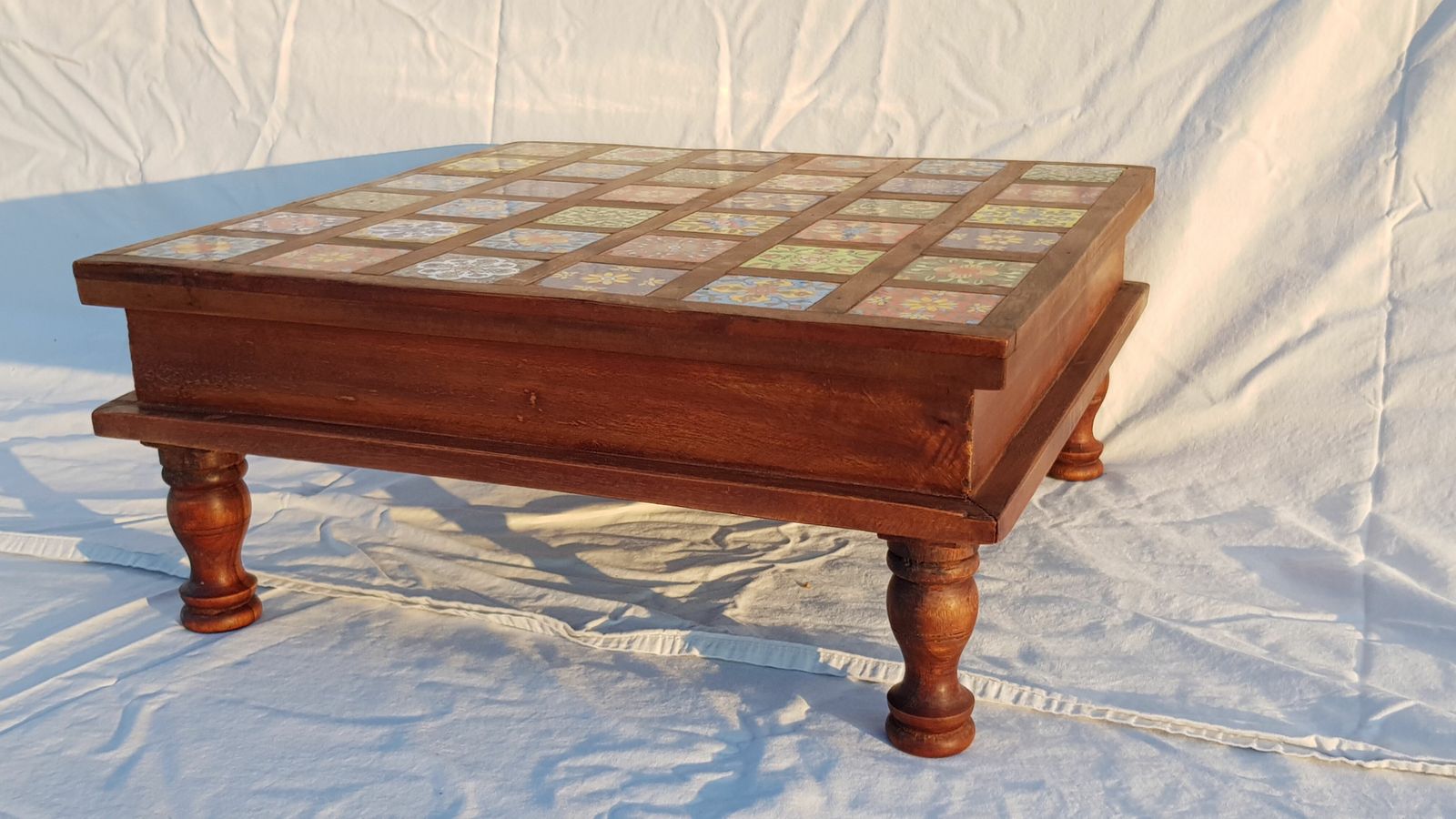 Square Rosewood Tea Table With 36 Small Hand Painted Ceramic Tiles photo buy