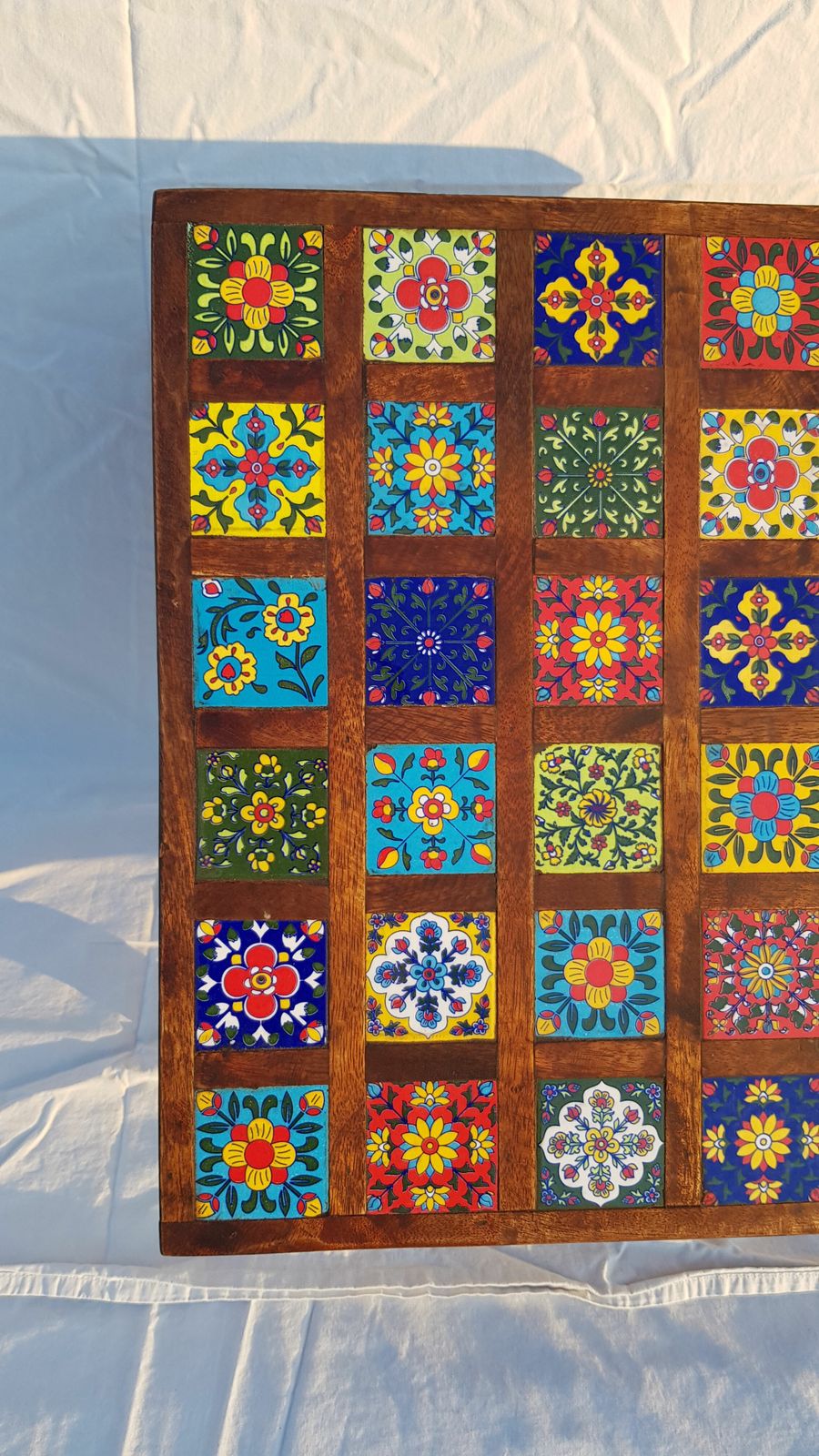 photo furniture Square Rosewood Tea Table With 36 Small Hand Painted Ceramic Tiles