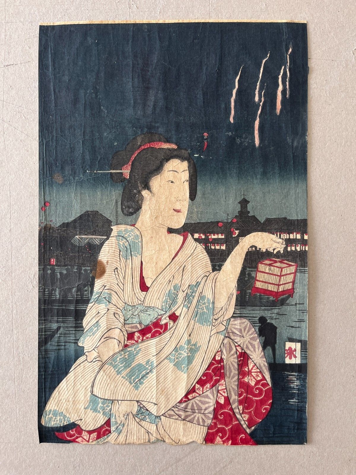 Kunichika Toyohara Japanese Woodcut Print 1889 Beauty Fireworks And Breeze