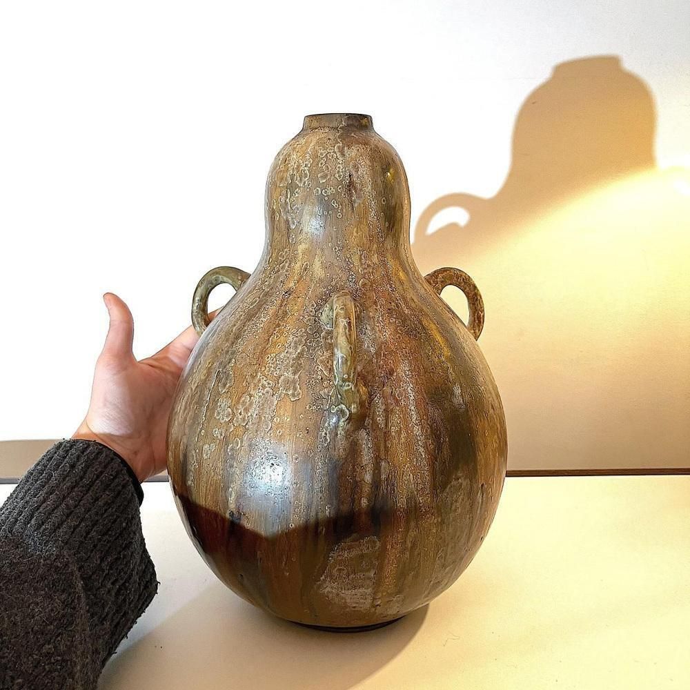 Vintage Art Nouveau Colocynth Vase With Three Handles By Roger Guerin, 1920 photo for sale