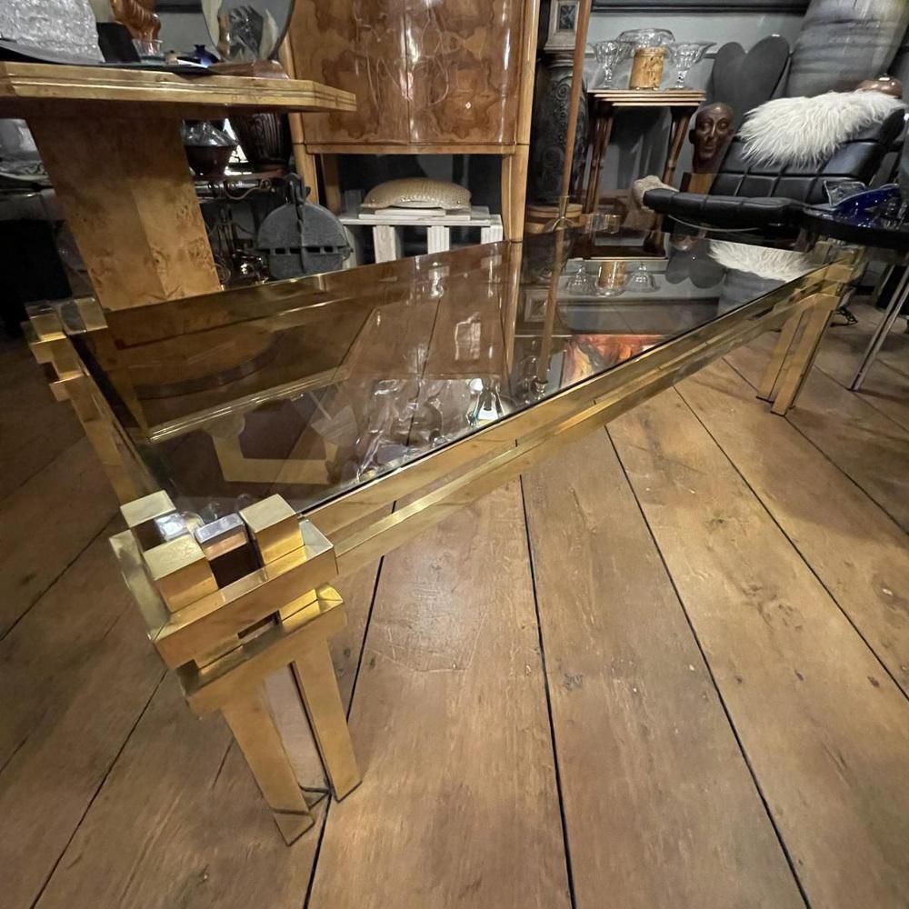 Vintage Coffee Table In Smoked Glass, Brass & Chrome Metal, 1970s photo buy