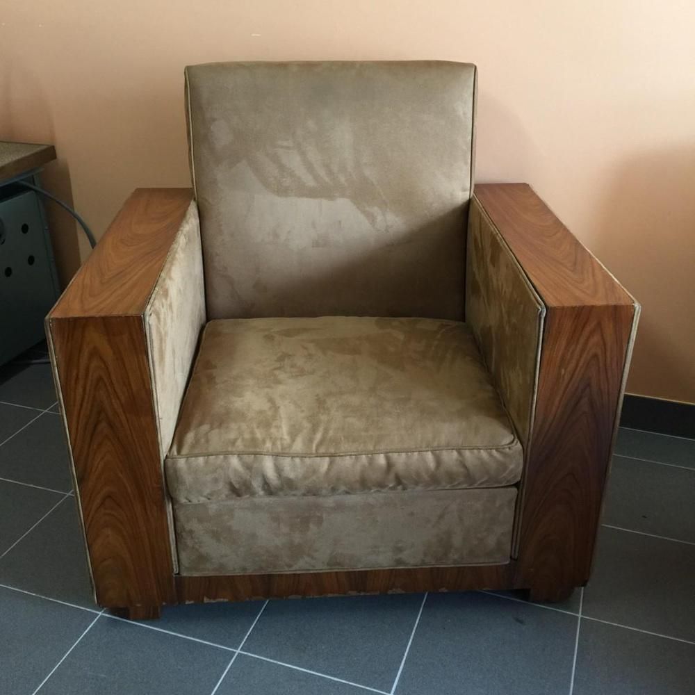 photo buy Set Of Art Deco Club Armchairs In Alcantara & Walnut, 1930