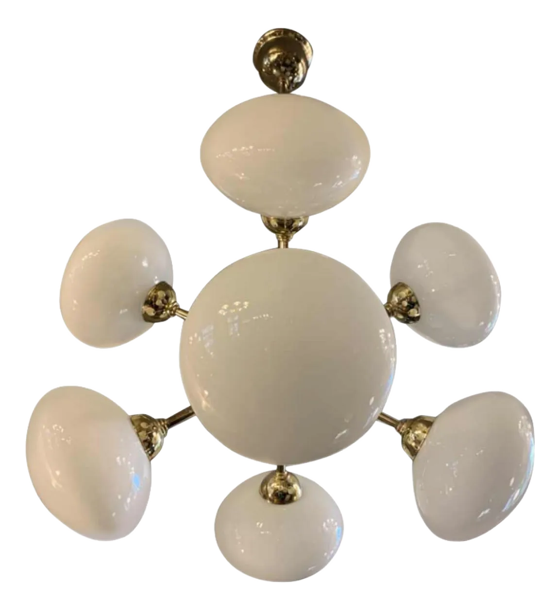 Sputnik Hanglamp In Goudkleurig Messing Met 8 Opaline Glazen Bolkappen, Jaren 1970