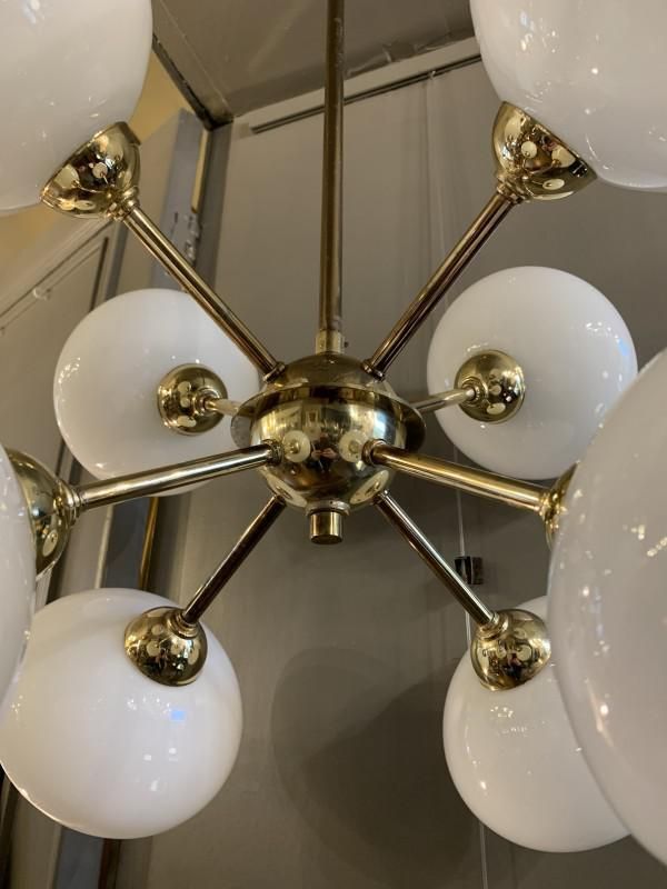 Sputnik Chandelier In Golden Brass With 8 Opaline Glass Ball Globes, 1970s photo furniture