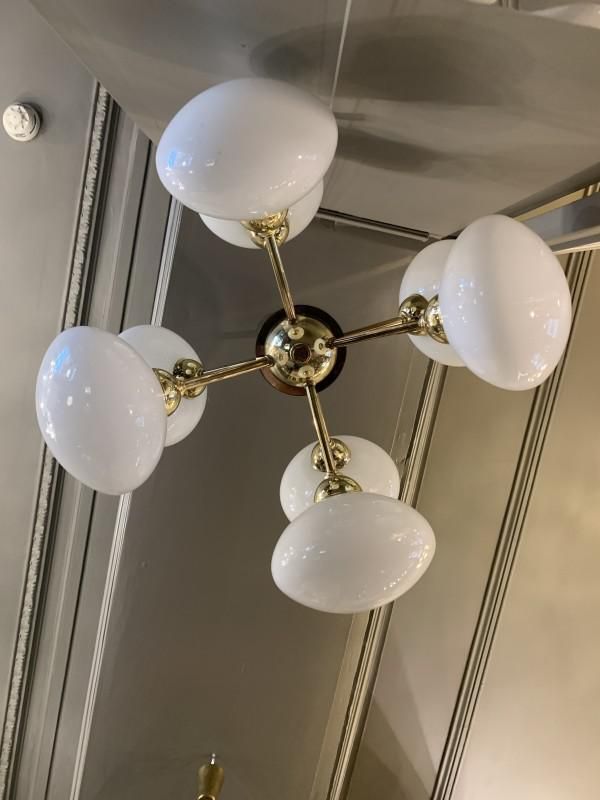 Sputnik Chandelier In Golden Brass With 8 Opaline Glass Ball Globes, 1970s photo vinterior