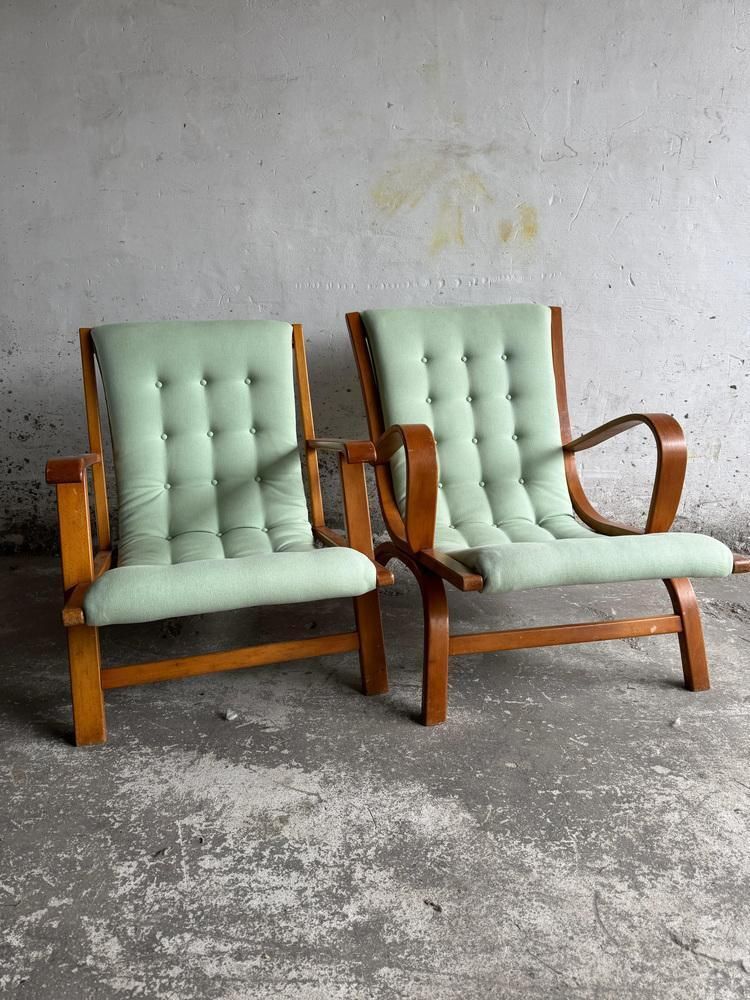 Set Of Vintage Lounge Chairs With Mint Green Cushions photo for sale