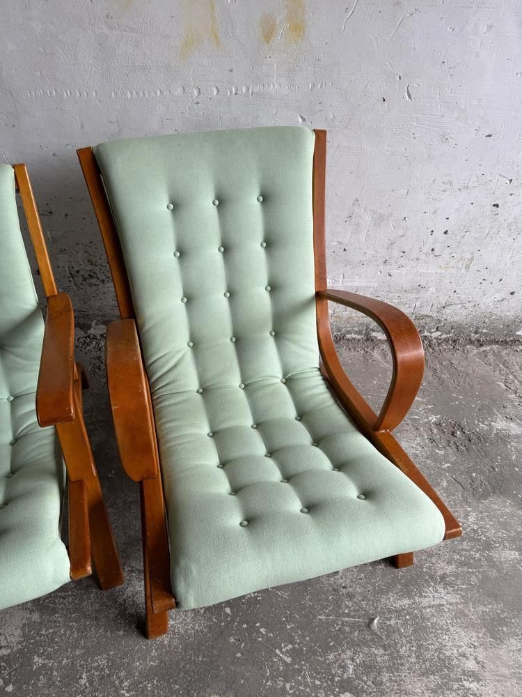 Set Of Vintage Lounge Chairs With Mint Green Cushions photo Furniture