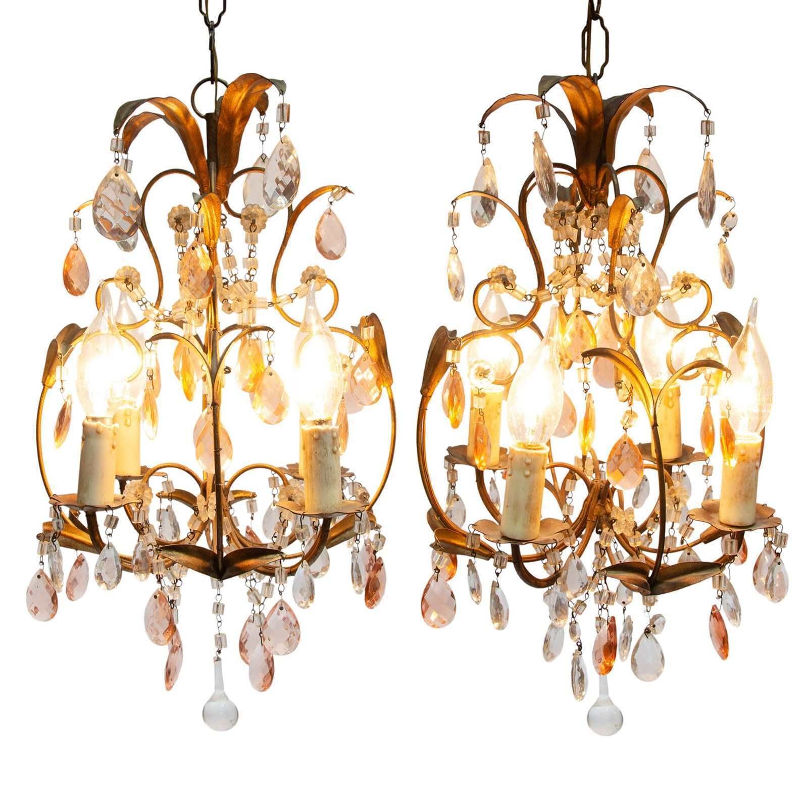 Pair Of Small 'Cosy' Chandeliers From Italy With Amber And White Cut Droplets photo furniture