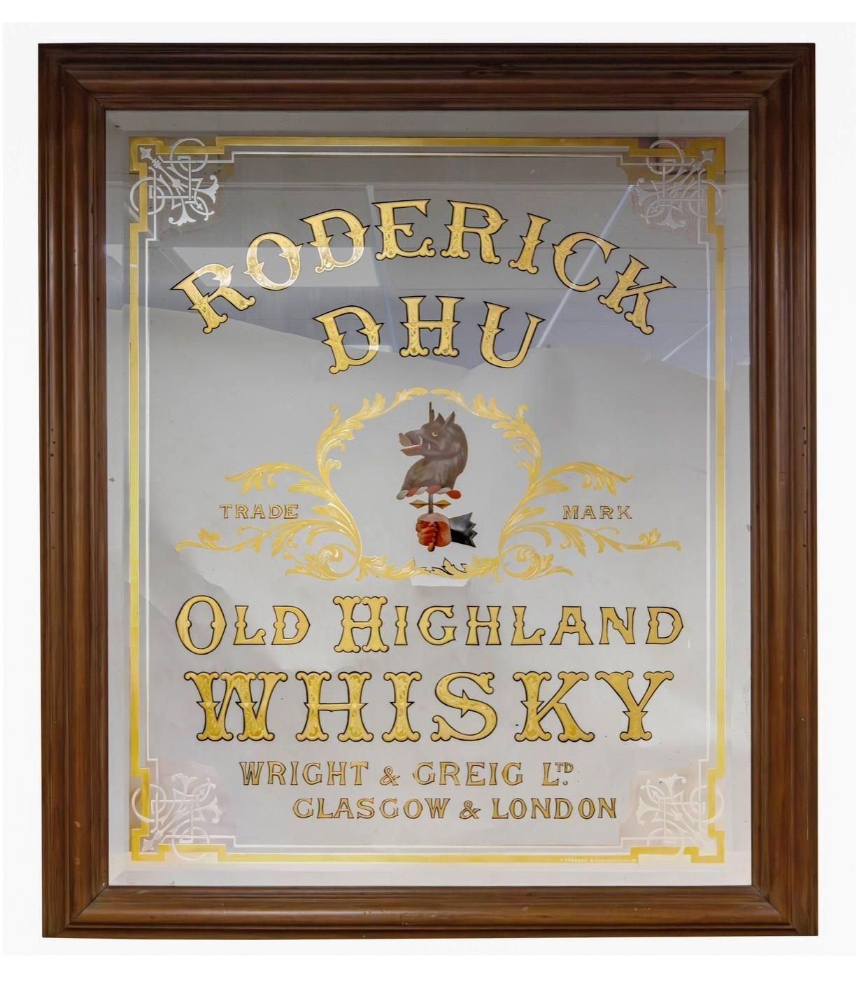 Magnificent Signed London Pub Mirror For Rod Dhu Highland Whisky photo for sale