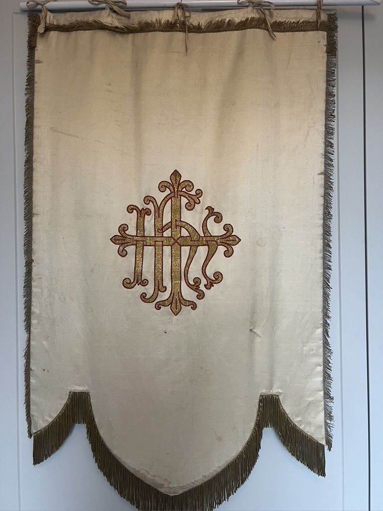 Antique Catholic Processional Banner Of The Sacred Heart photo furniture