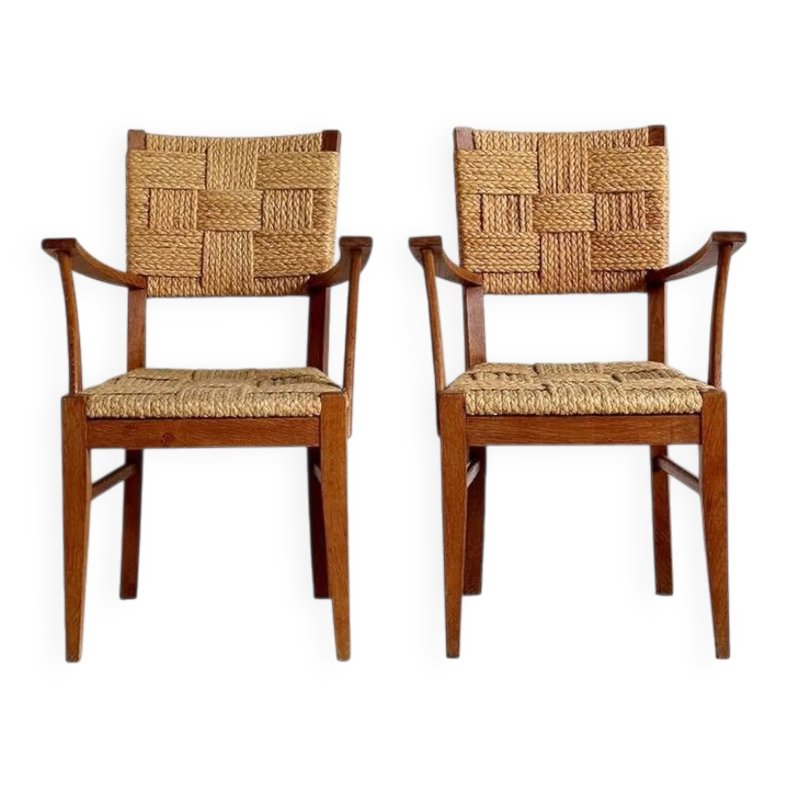 Pair Of Armchairs In Braided Raffia, Audoux Minet, 1950