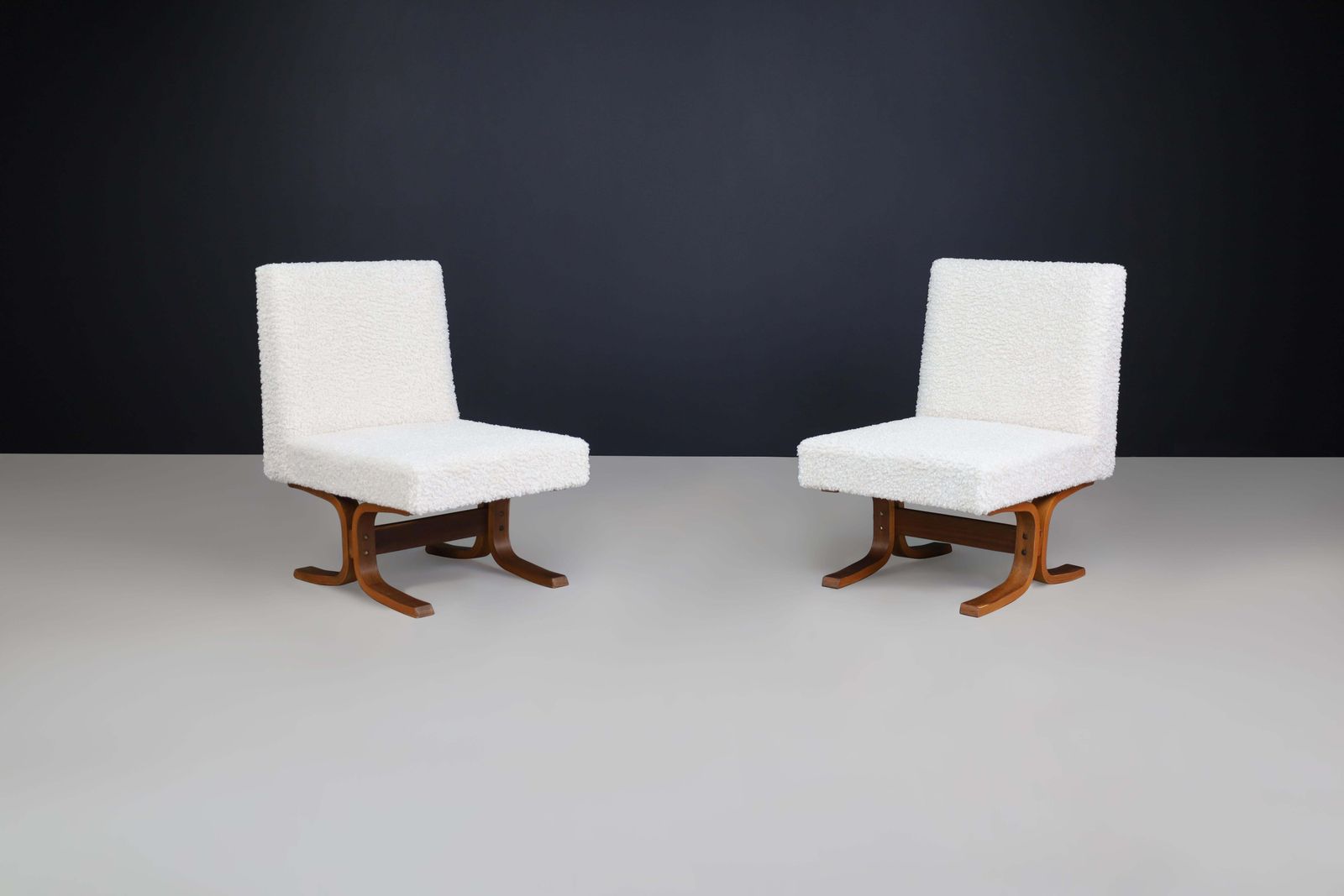 Set Of Two Ludvik Volak Bentwood Lounge Chairs In Off White Bouclé, Cz 1960s photo furniture