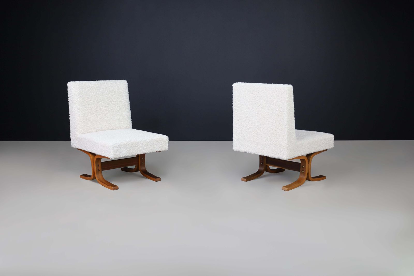 Set Of Two Ludvik Volak Bentwood Lounge Chairs In Off White Bouclé, Cz 1960s photo for sale