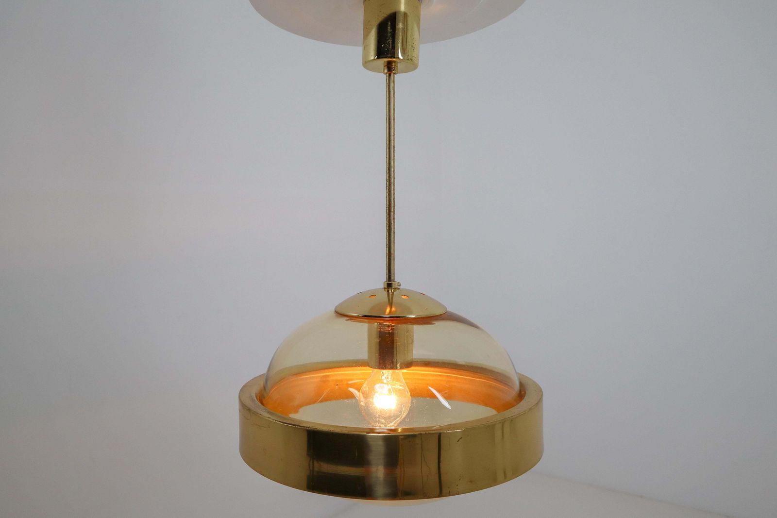 Mid Century Modernist Hand Blowed Glass And Brass Pendant, 1960s photo Lighting