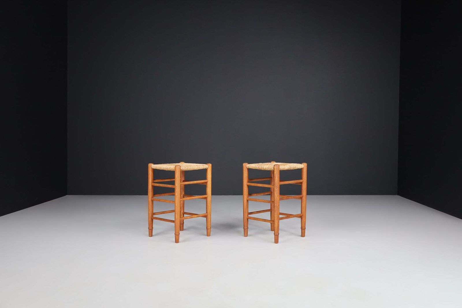 Mid Century Modern Pinewood And Rush Stools In The Style Of Charlotte Perriand photo furniture